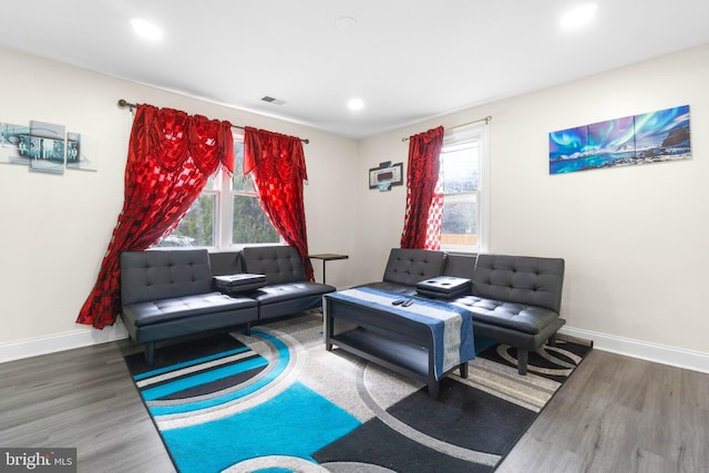 living area featuring baseboards, wood finished floors, and a healthy amount of sunlight