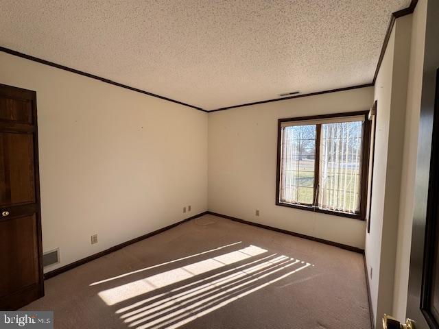 unfurnished room with baseboards, a textured ceiling, ornamental molding, and carpet flooring