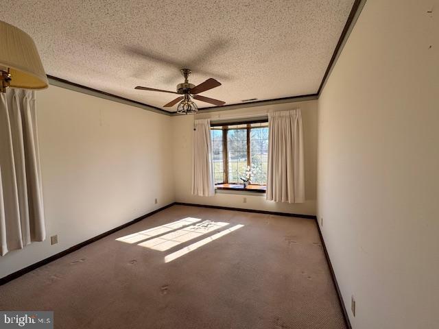 spare room featuring light carpet, a ceiling fan, ornamental molding, and a textured ceiling