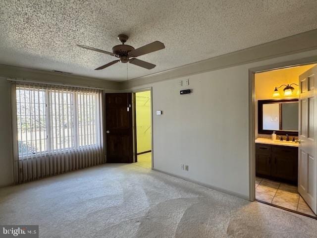 interior space featuring light carpet, a sink, ceiling fan, and a textured ceiling