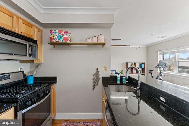 kitchen with stainless steel appliances, a sink, baseboards, open shelves, and dark stone countertops