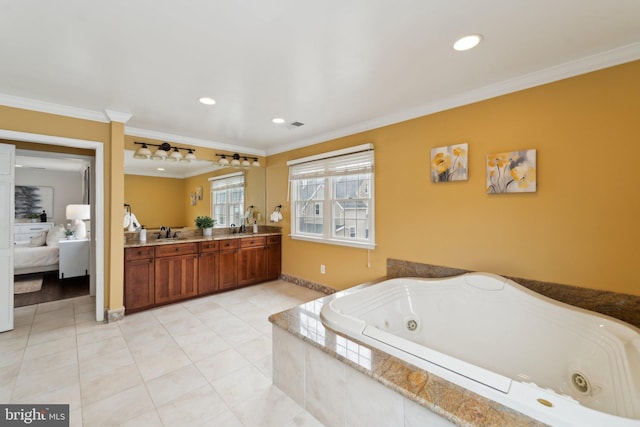 ensuite bathroom featuring a sink, tile patterned floors, double vanity, ensuite bath, and crown molding