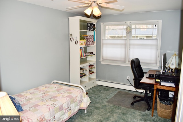 bedroom featuring dark colored carpet, baseboard heating, and a ceiling fan