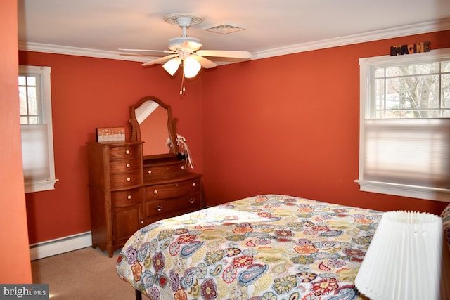 bedroom featuring light carpet, a baseboard radiator, visible vents, and crown molding