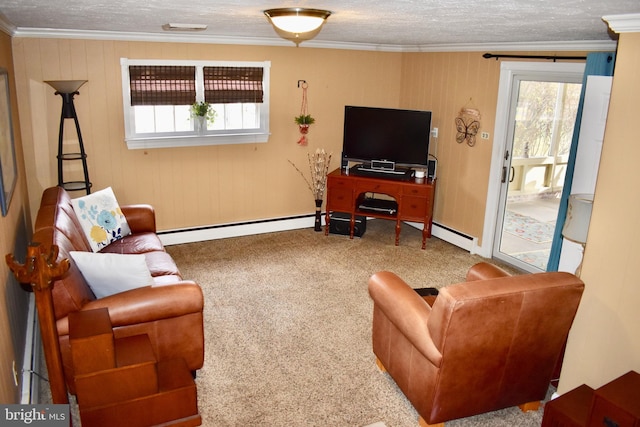 living room with a textured ceiling, baseboard heating, carpet, and crown molding