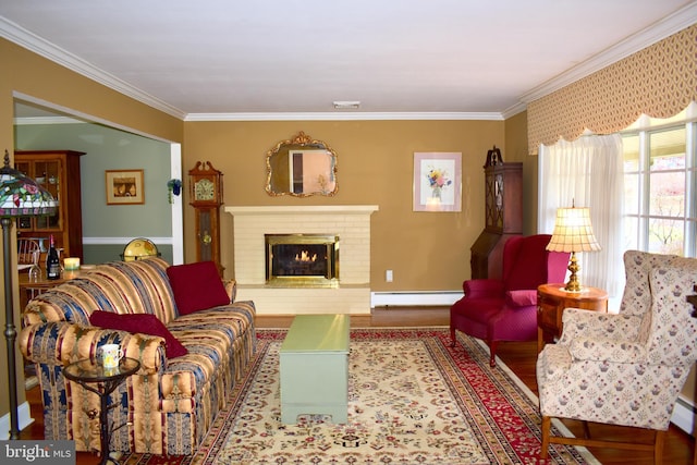 living room featuring visible vents, a fireplace, ornamental molding, and baseboard heating