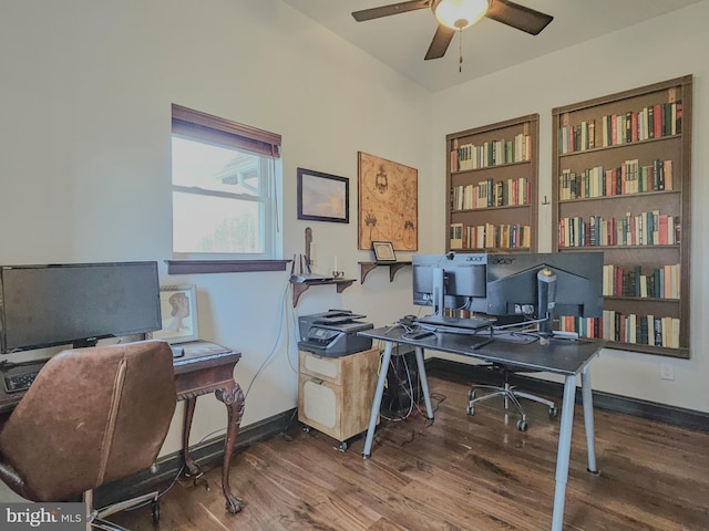 office area with ceiling fan, wood finished floors, and baseboards