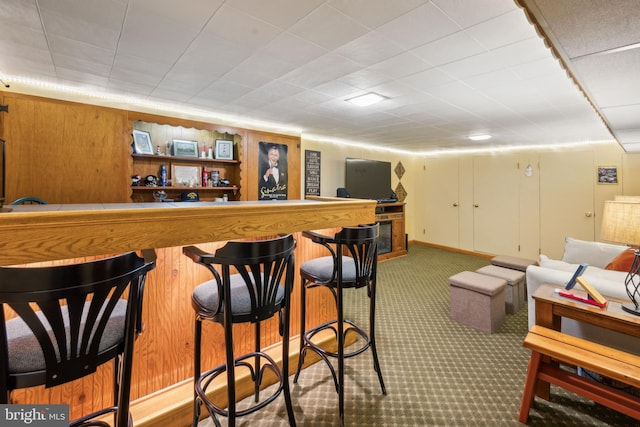 bar with a bar, wood walls, and carpet