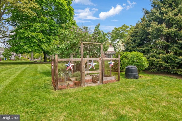 view of jungle gym with a garden and a lawn