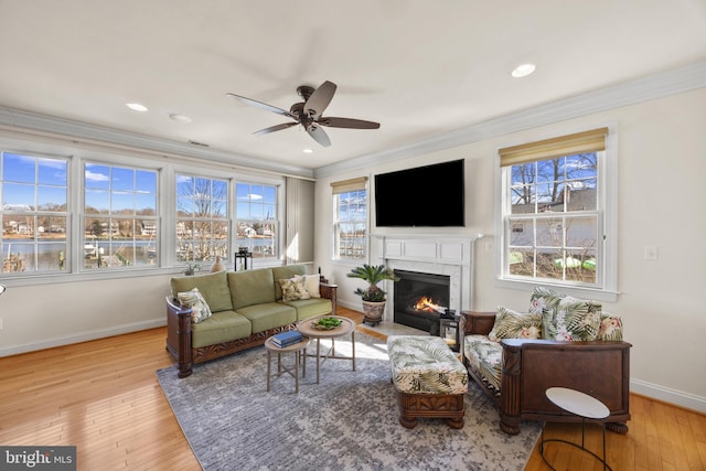 living room featuring a fireplace, crown molding, ceiling fan, baseboards, and hardwood / wood-style flooring