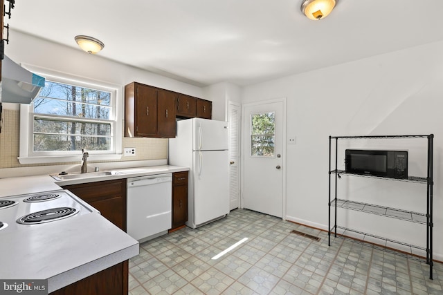 kitchen with dark brown cabinetry, white appliances, decorative backsplash, light countertops, and a sink