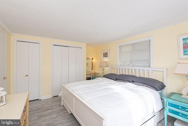 bedroom featuring light wood finished floors and multiple closets