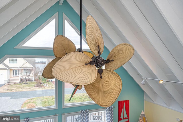 room details featuring rail lighting and beamed ceiling