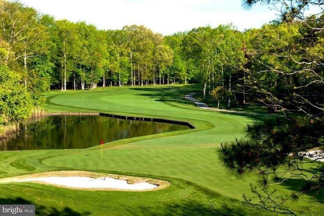 view of property's community with view of golf course, a yard, and a water view