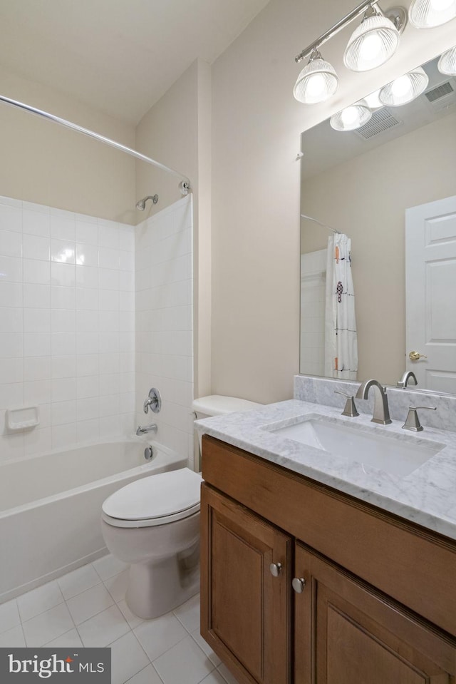 full bath featuring visible vents, toilet, shower / bath combo with shower curtain, vanity, and tile patterned flooring