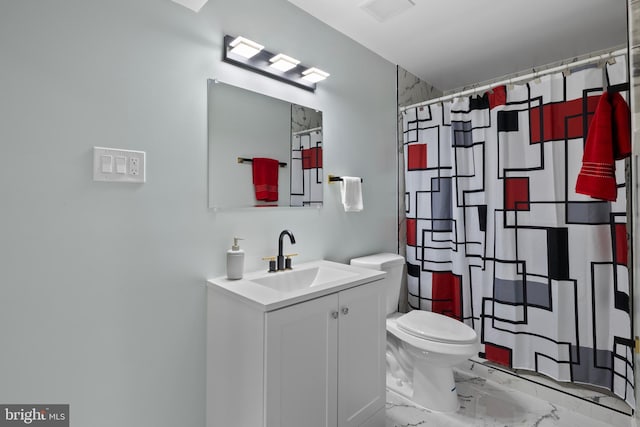 bathroom featuring marble finish floor, visible vents, toilet, vanity, and a shower with curtain