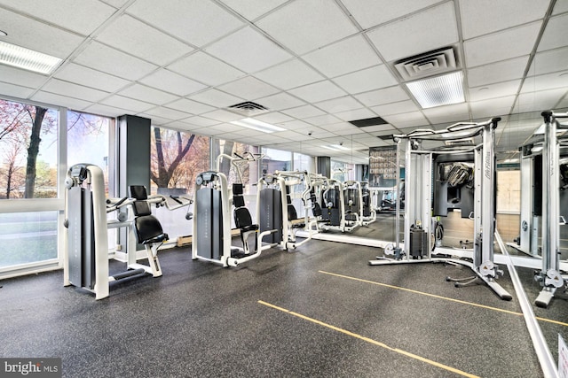 workout area featuring a paneled ceiling and visible vents