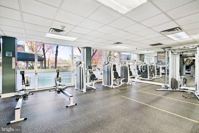 workout area with a paneled ceiling, a wall of windows, and visible vents