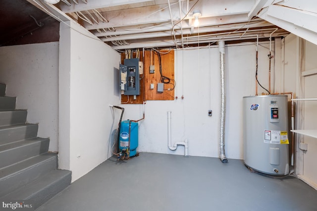 unfinished below grade area with stairway, electric water heater, and electric panel