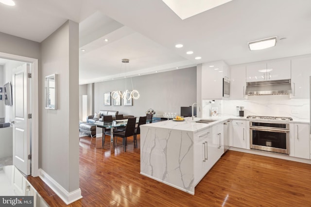 kitchen with under cabinet range hood, stainless steel appliances, a sink, white cabinetry, and modern cabinets