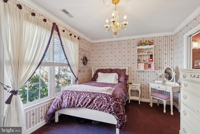 bedroom featuring wallpapered walls, baseboards, visible vents, a chandelier, and dark carpet