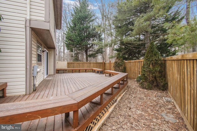 wooden deck with a fenced backyard