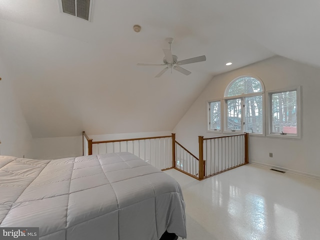 bedroom with recessed lighting, visible vents, vaulted ceiling, and baseboards