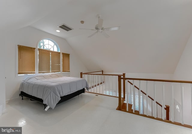 carpeted bedroom featuring ceiling fan, visible vents, vaulted ceiling, and recessed lighting