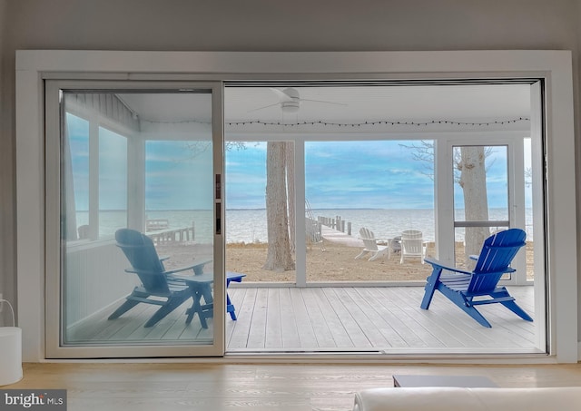 entryway featuring a water view and wood finished floors