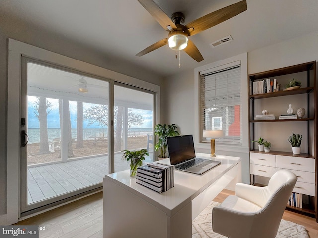 office space with a ceiling fan, light wood-type flooring, and visible vents