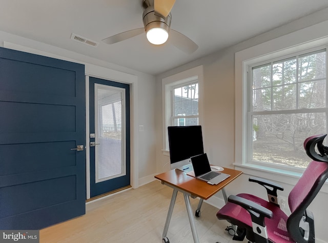 office area featuring baseboards, light wood-type flooring, visible vents, and a ceiling fan