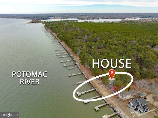 birds eye view of property featuring a water view and a wooded view