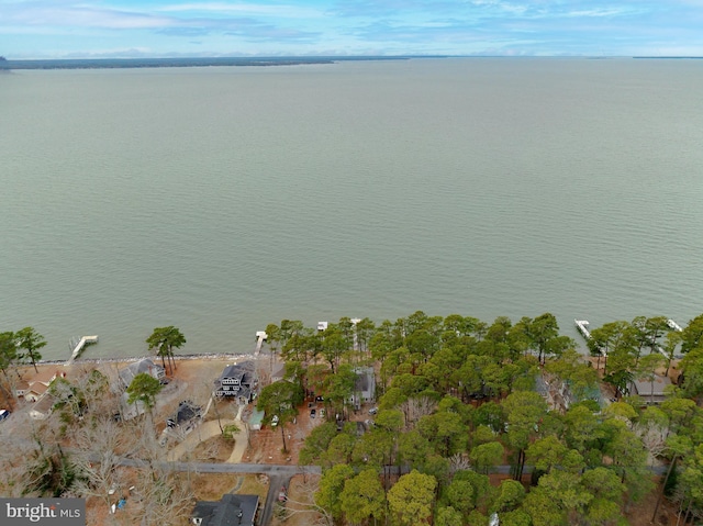 drone / aerial view featuring a water view