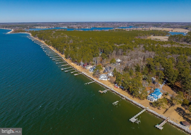 birds eye view of property featuring a water view and a wooded view