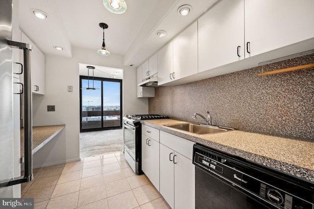 kitchen with light countertops, stainless steel gas stove, a sink, white cabinetry, and dishwasher