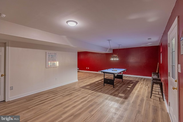 rec room featuring billiards, wood finished floors, and baseboards