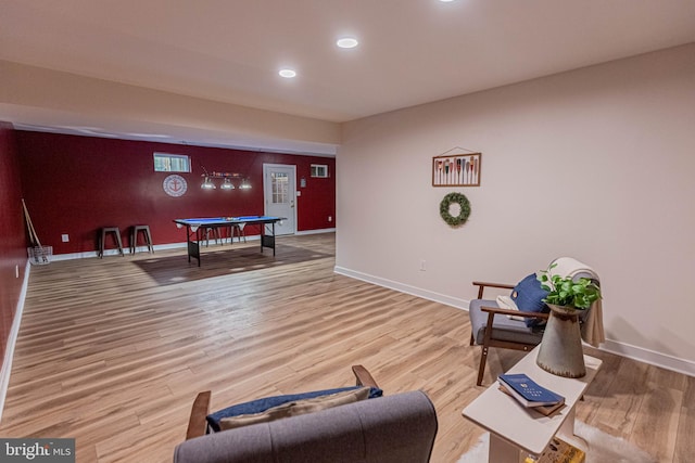 interior space featuring recessed lighting, baseboards, wood finished floors, and billiards