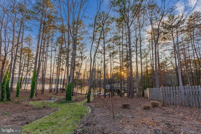 yard at dusk featuring fence