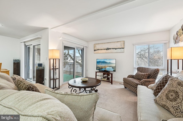 carpeted living room featuring baseboards