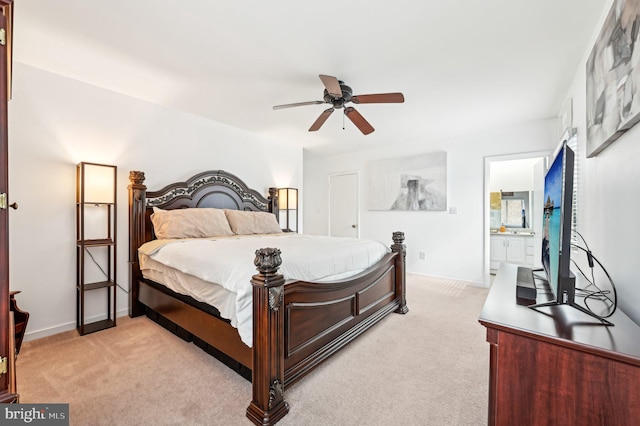 bedroom featuring baseboards, a ceiling fan, and light colored carpet