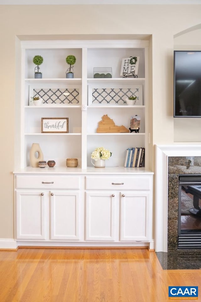 interior details with built in shelves, wood finished floors, and a high end fireplace