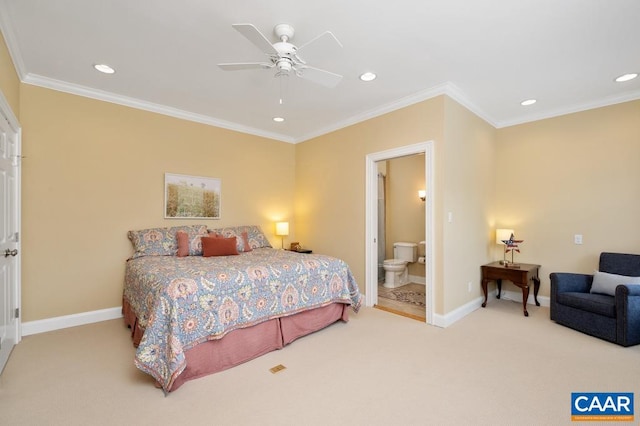 bedroom with baseboards, carpet floors, recessed lighting, and crown molding