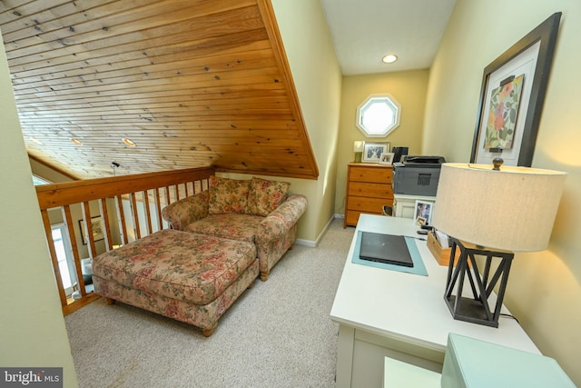 office area with recessed lighting, light colored carpet, and baseboards