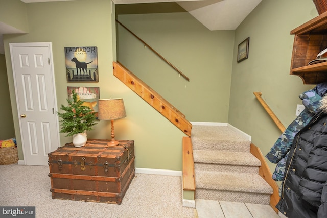 stairs with carpet floors and baseboards