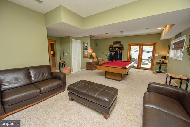 rec room featuring light carpet, billiards, visible vents, and baseboards