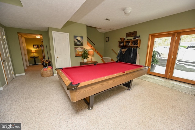 rec room featuring carpet, billiards, baseboards, and a textured ceiling