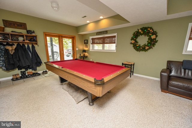 recreation room featuring carpet floors, billiards, baseboards, and recessed lighting