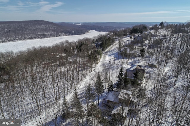 snowy aerial view with a mountain view