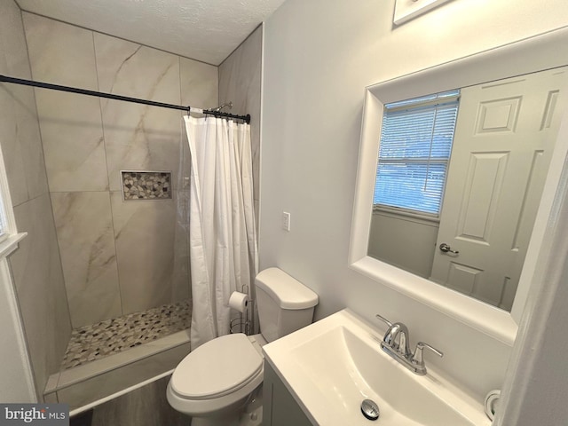 full bathroom with toilet, a stall shower, a textured ceiling, and vanity