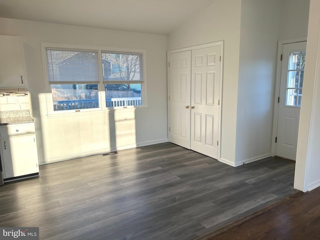 interior space featuring lofted ceiling, dark wood-style flooring, plenty of natural light, and baseboards